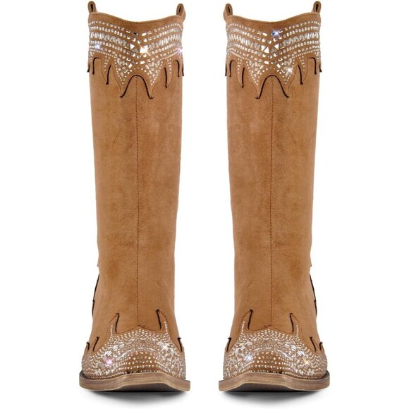 ⚡Women's Brown Square Toe Western Boots Studded Fringed Cowgirl Mid Calf Boot - Picture 5 of 7